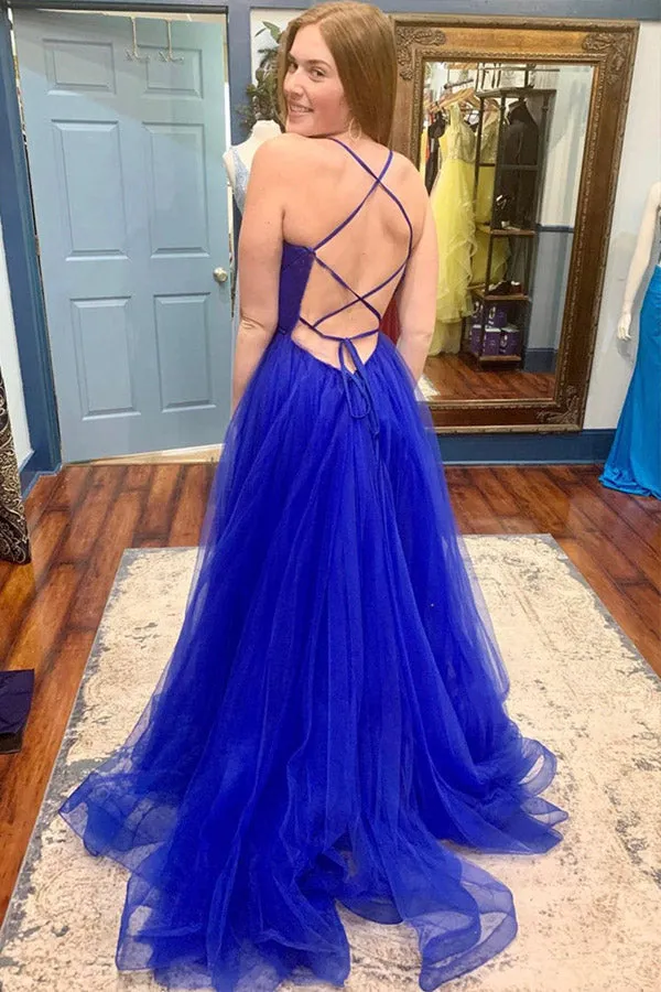 Royal Blue Tulle A-Line Long Prom Dress With Slit,Maxi Dress Formal Party Gown