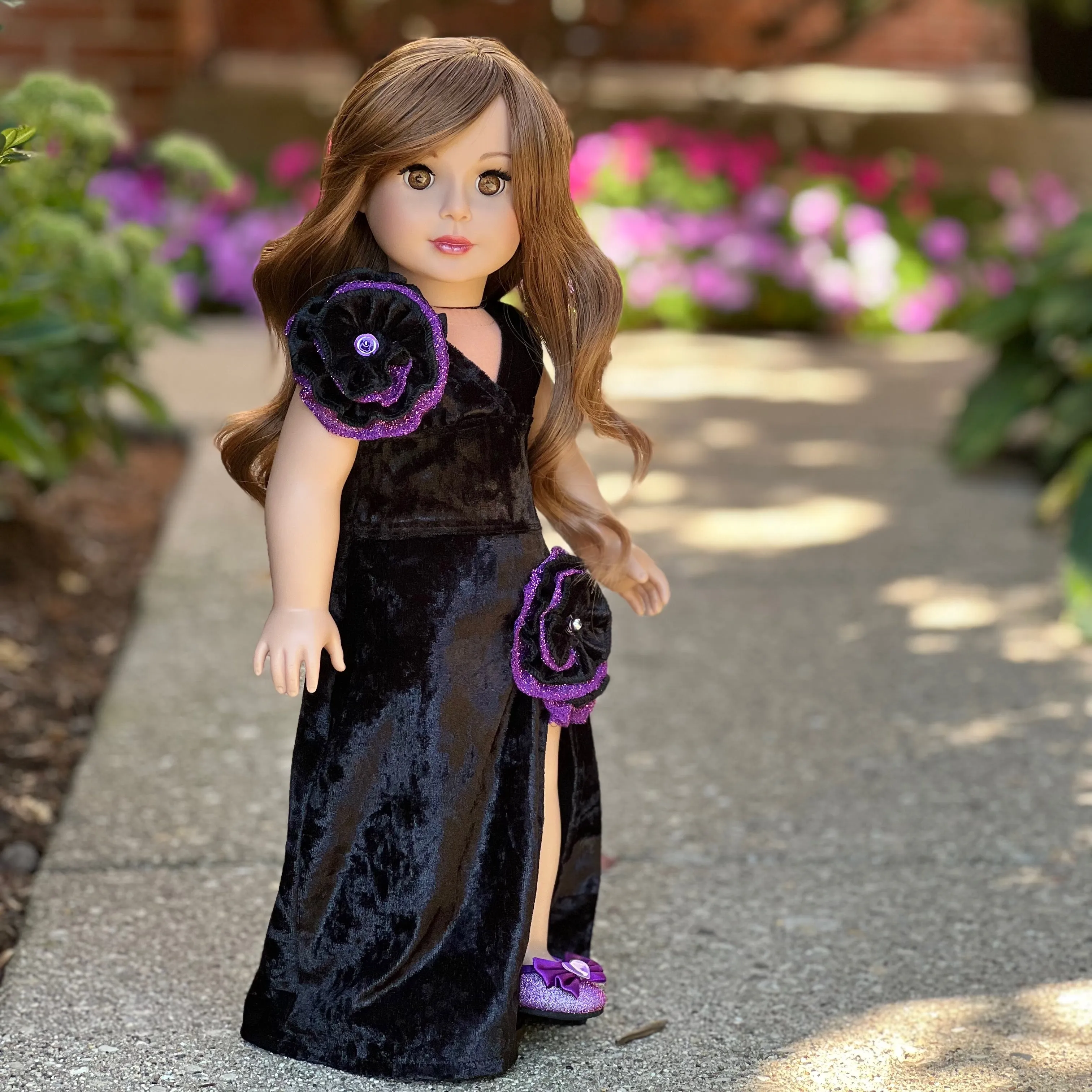 Royal Velvet - 2 Piece Outfit for 18 inch Doll -Black and Purple Gown and Matching Shoes - 18 inch Doll Clothes (Doll NOT Included)