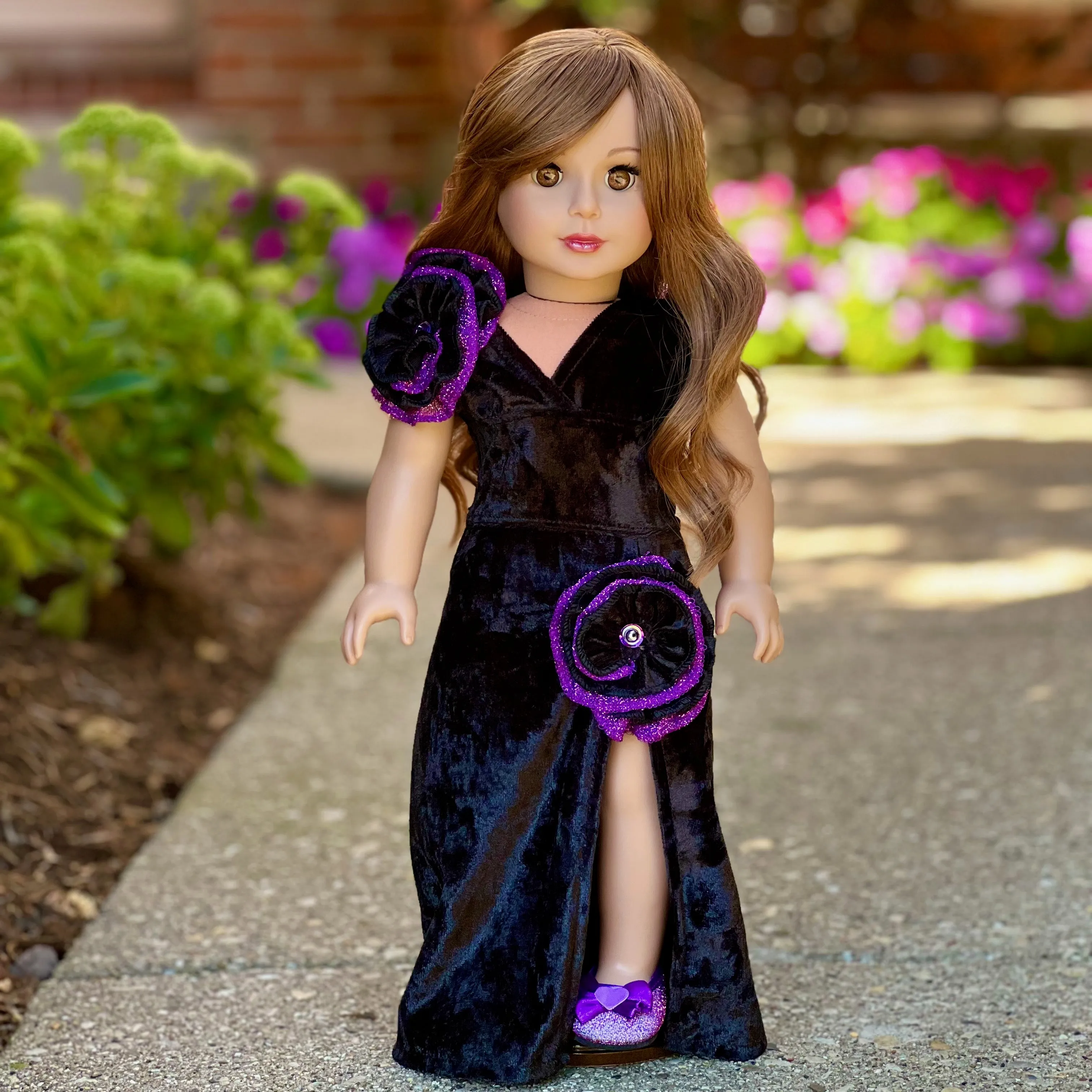 Royal Velvet - 2 Piece Outfit for 18 inch Doll -Black and Purple Gown and Matching Shoes - 18 inch Doll Clothes (Doll NOT Included)