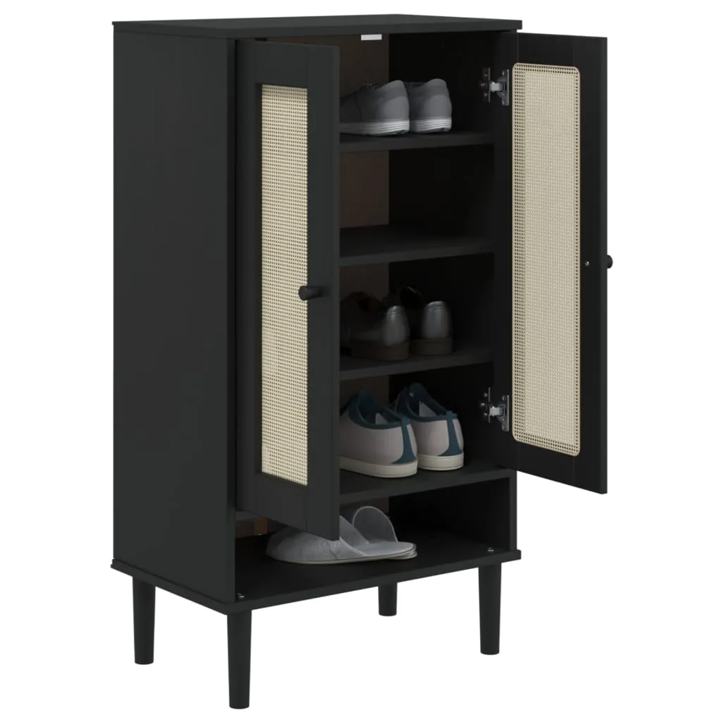 Shoe Cabinet SENJA Rattan Look Black 59.5x35x107 cm Solid Wood