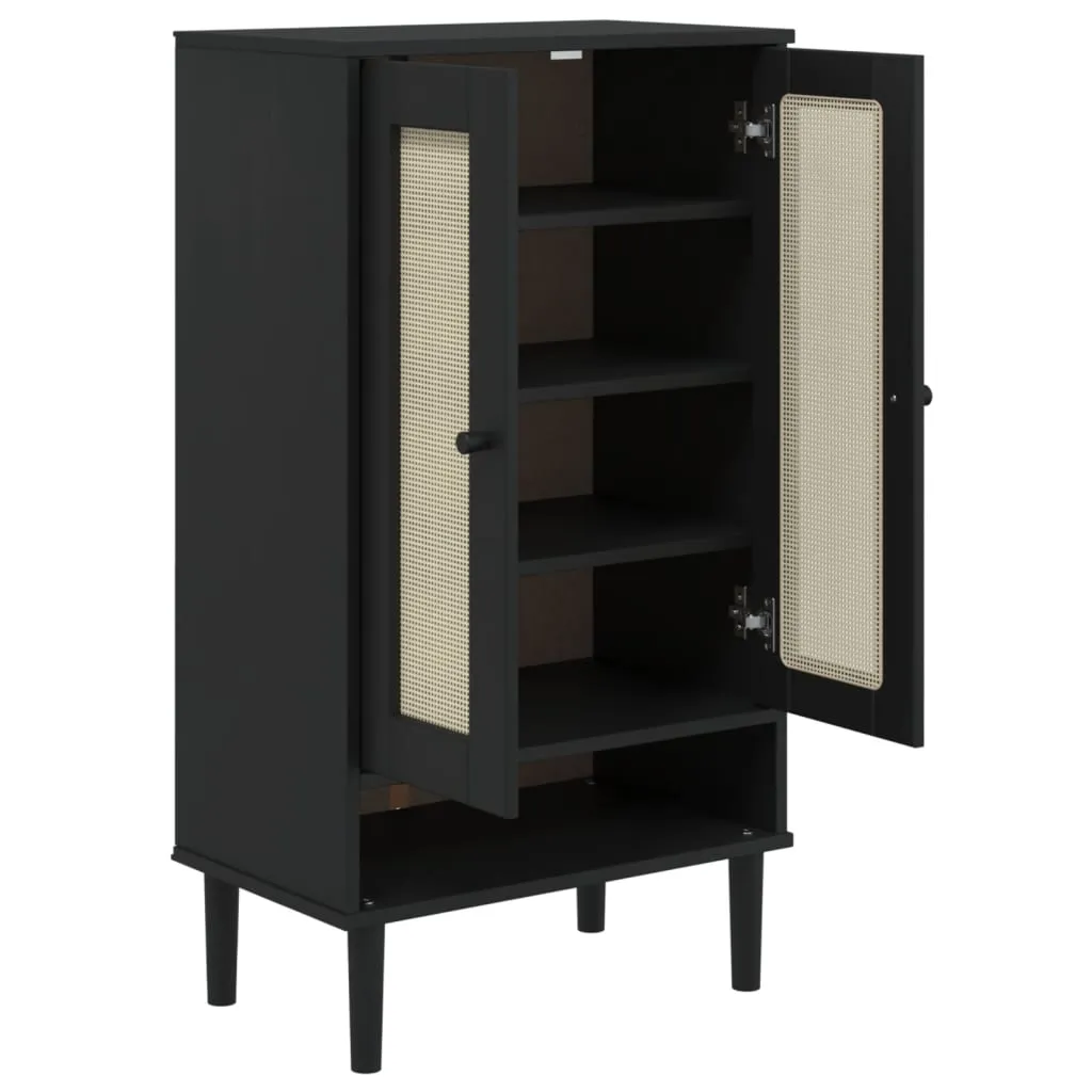 Shoe Cabinet SENJA Rattan Look Black 59.5x35x107 cm Solid Wood