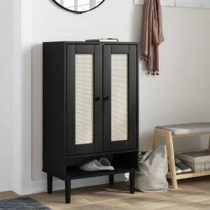 Shoe Cabinet SENJA Rattan Look Black 59.5x35x107 cm Solid Wood