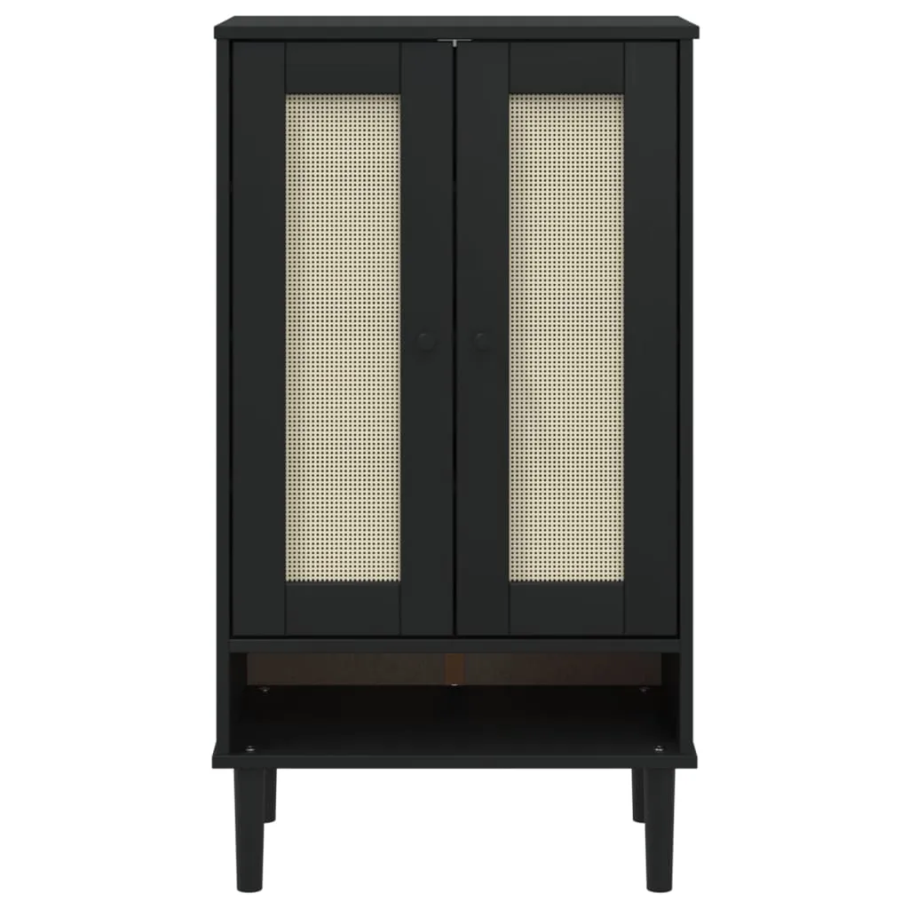 Shoe Cabinet SENJA Rattan Look Black 59.5x35x107 cm Solid Wood