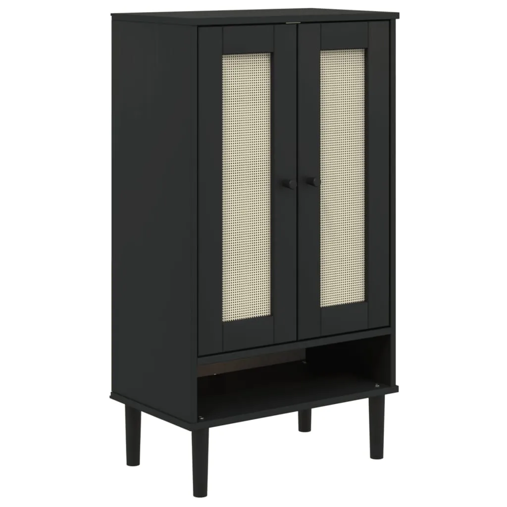 Shoe Cabinet SENJA Rattan Look Black 59.5x35x107 cm Solid Wood