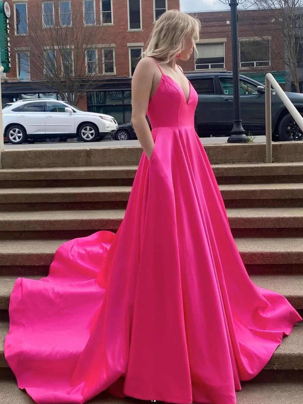 Simple Fuchsia V Neck Satin Long Prom Dress,Satin Graduation Dresses with Pockets