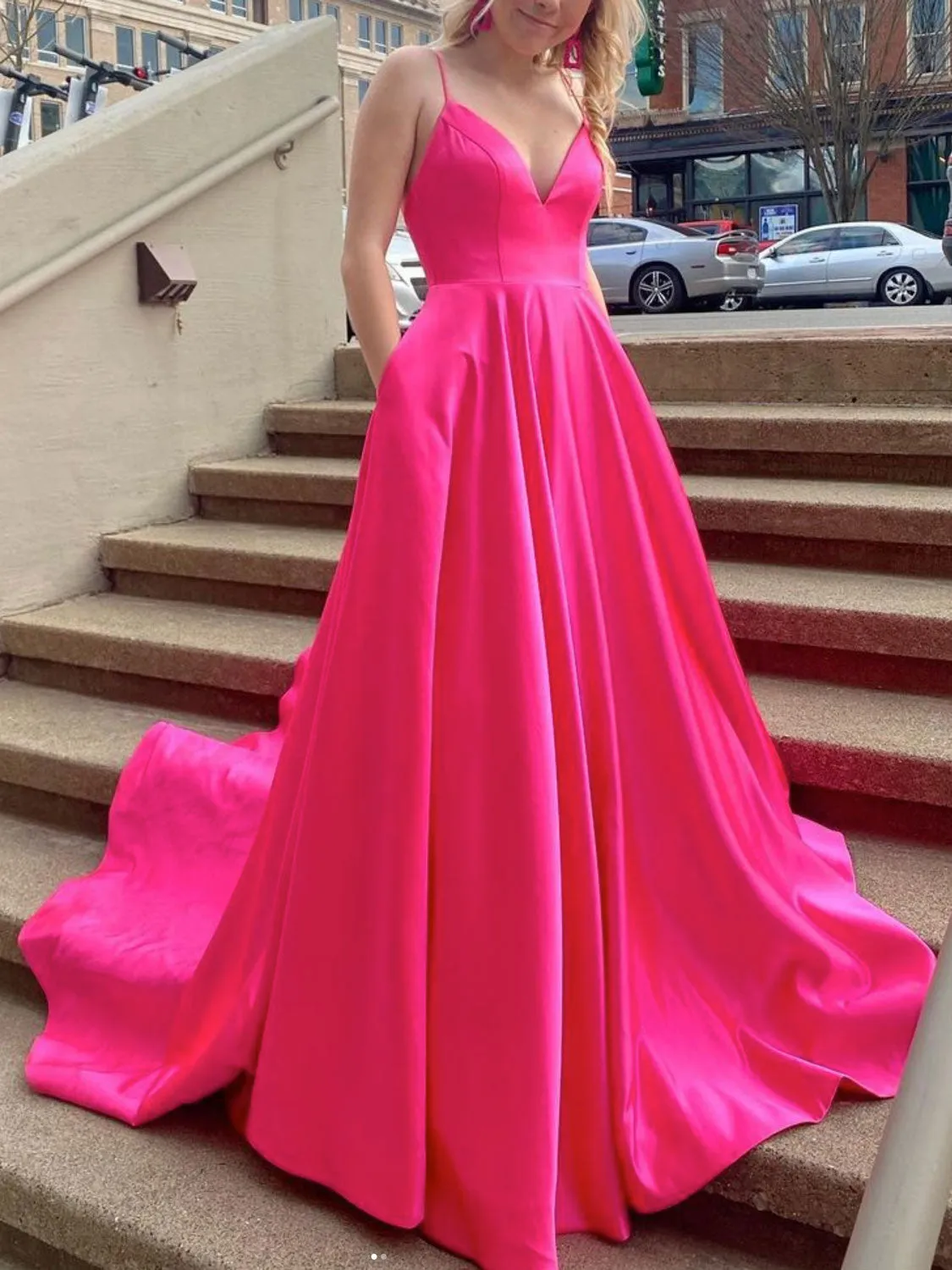 Simple Fuchsia V Neck Satin Long Prom Dress,Satin Graduation Dresses with Pockets