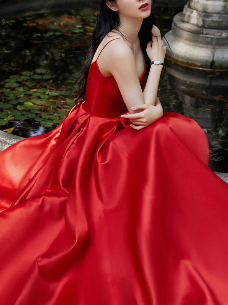 Simple Red Spaghetti Straps Satin Long Prom Dress, Elegant Formal Gown UQP0113