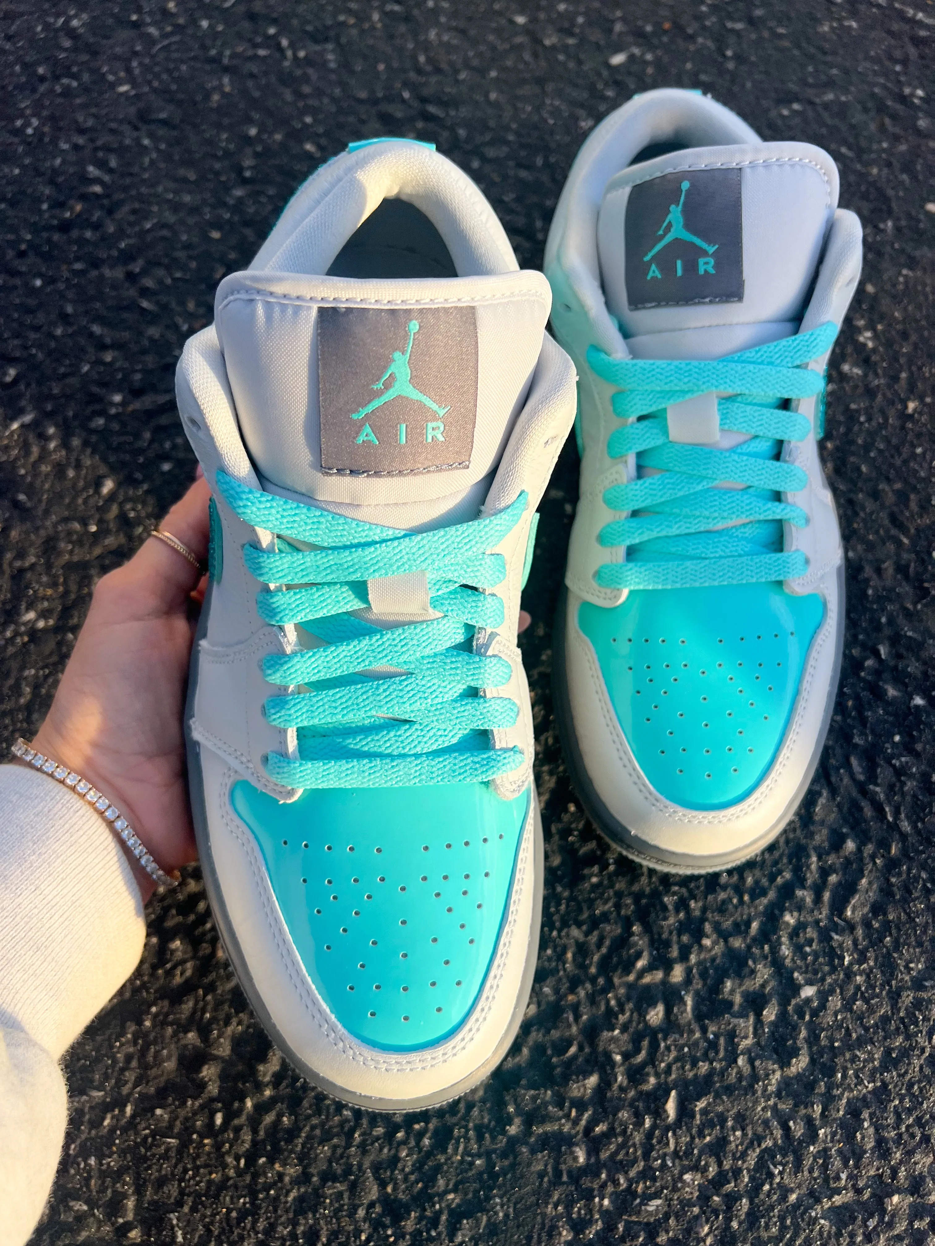 SIZE 9 Aqua Polaroid Swarovski Women’s Air Jordan Retro 1 Low Shoes