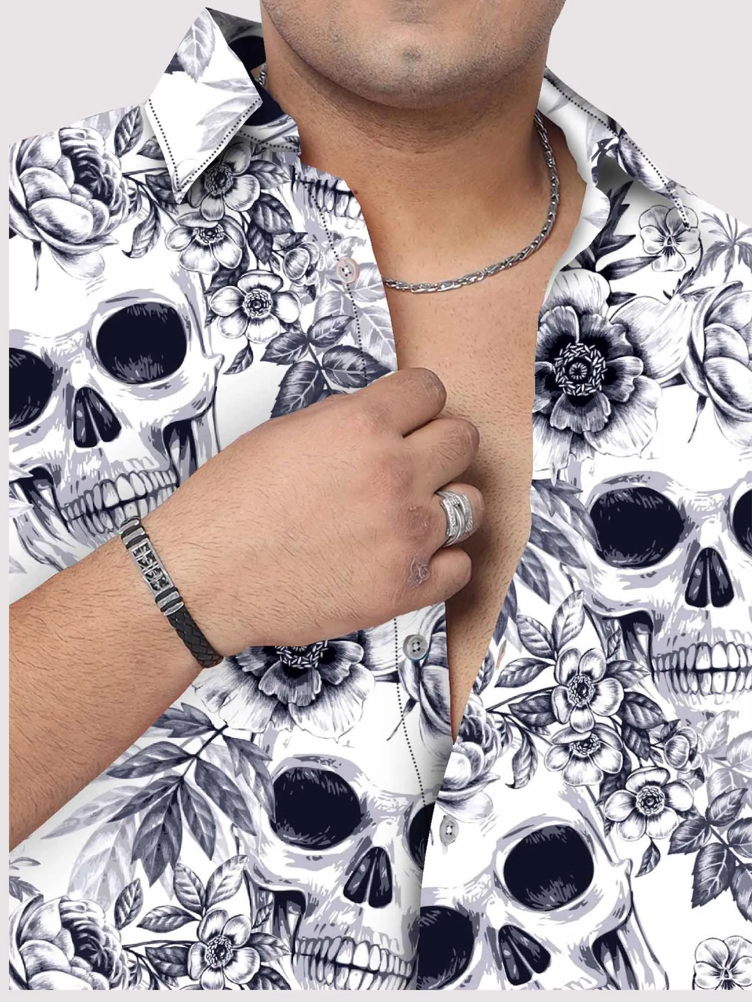 Skulls and Flowers Digital Printed Half Sleeve Shirt Men's Plus Size