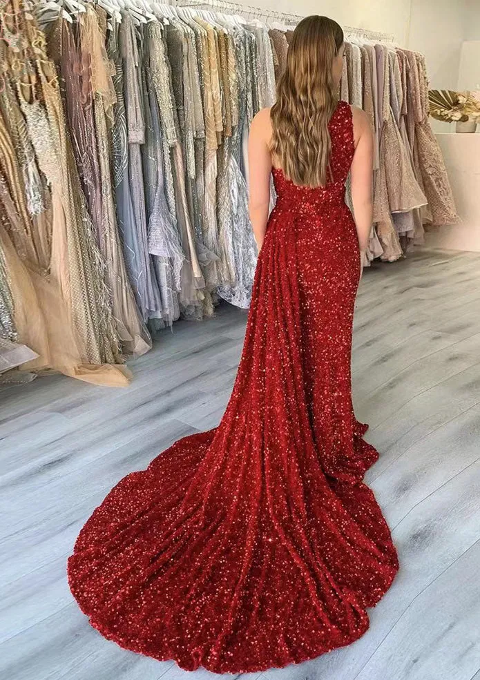 Sparkly Red Mermaid Prom Dresses,Sequin Sexy Evening Dress with Train,Long Gala Dress