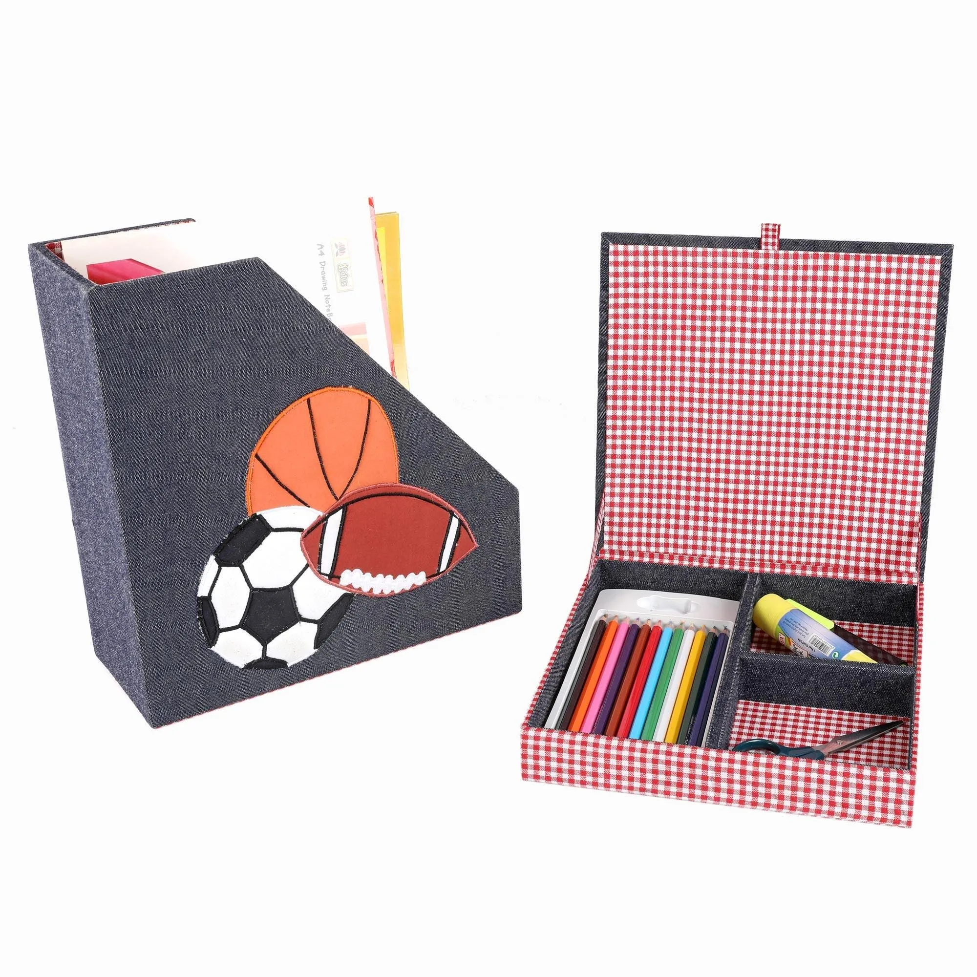 Sports Balls Set of 2 Book / Magazine Holder With Stationary Tray