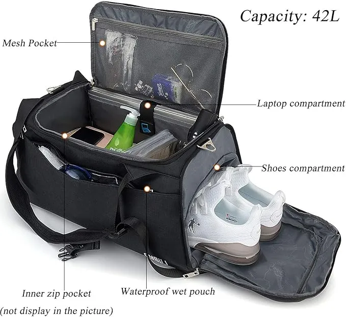 Sports Duffle Bag with Shoes Compartment and Wet Pocket, 42L Waterproof Gym Bag for Men and Women, Durable Travel Duffel Bag with Shoulder Strap and Combination Lock