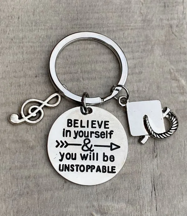 Sports Graduation Keychain -Believe In Yourself & You Will Be Unstoppable- Pick Activity