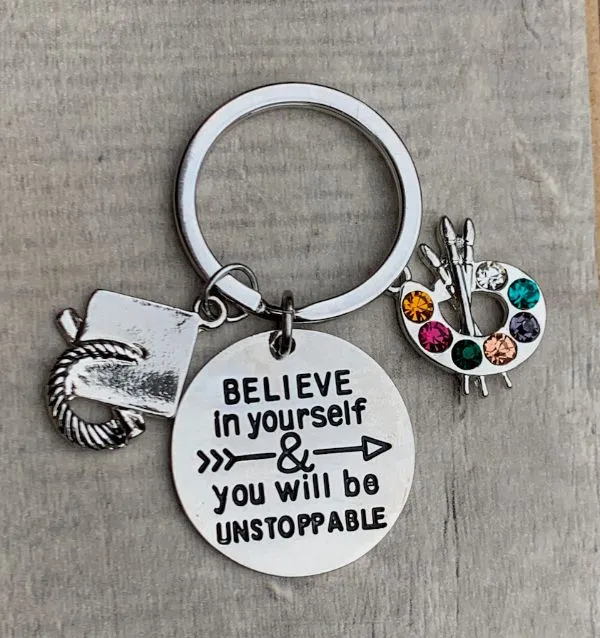 Sports Graduation Keychain -Believe In Yourself & You Will Be Unstoppable- Pick Activity