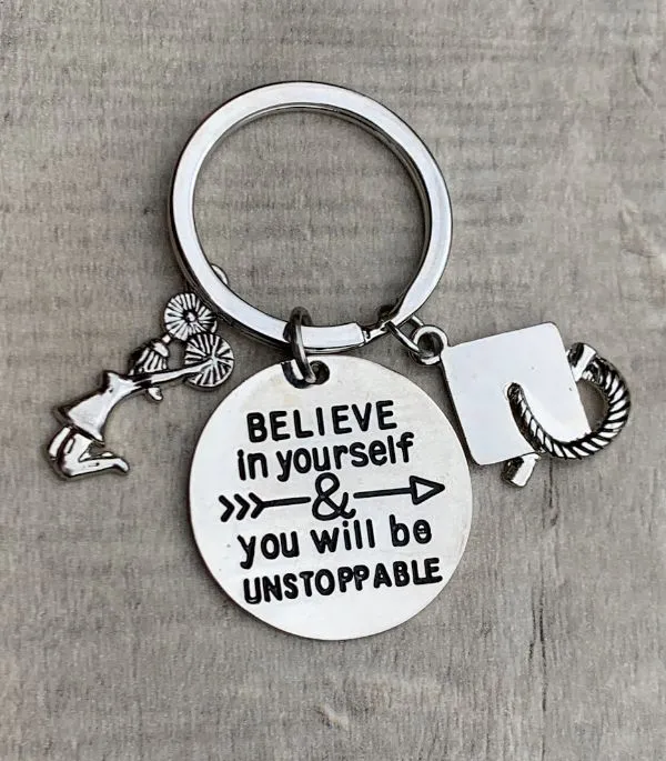 Sports Graduation Keychain -Believe In Yourself & You Will Be Unstoppable- Pick Activity