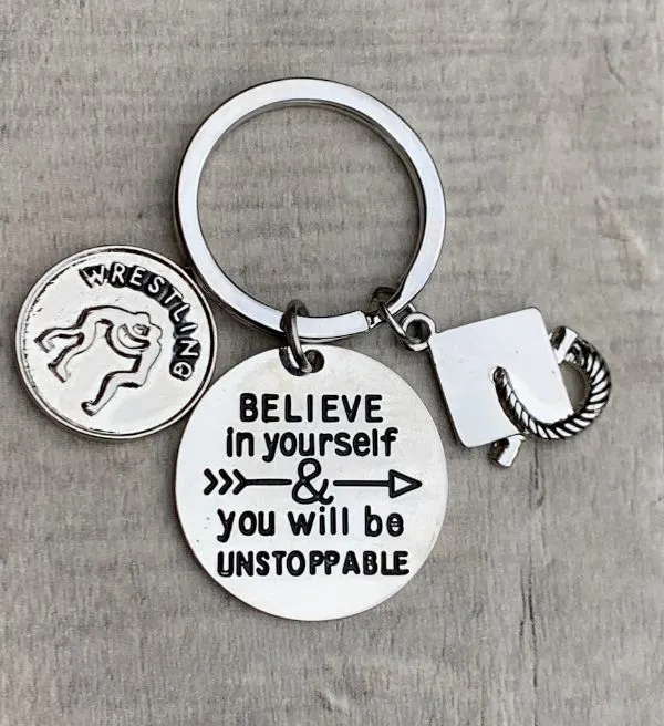 Sports Graduation Keychain -Believe In Yourself & You Will Be Unstoppable- Pick Activity