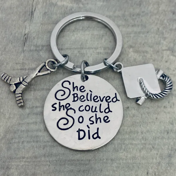 Sports Graduation Keychain - She Believed She Could - Pick Activity