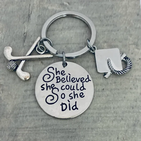 Sports Graduation Keychain - She Believed She Could - Pick Activity