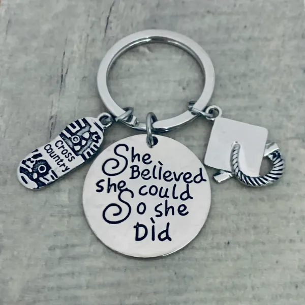 Sports Graduation Keychain - She Believed She Could - Pick Activity