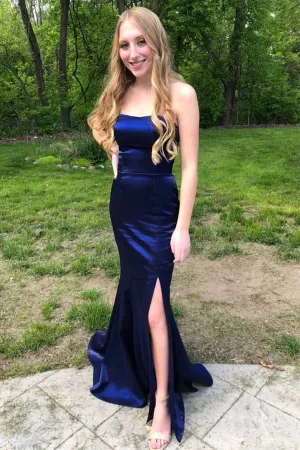 Strapless Mermaid Satin Long Prom Dress With Slit,Mermaid Graduation Dress,Evening Gown