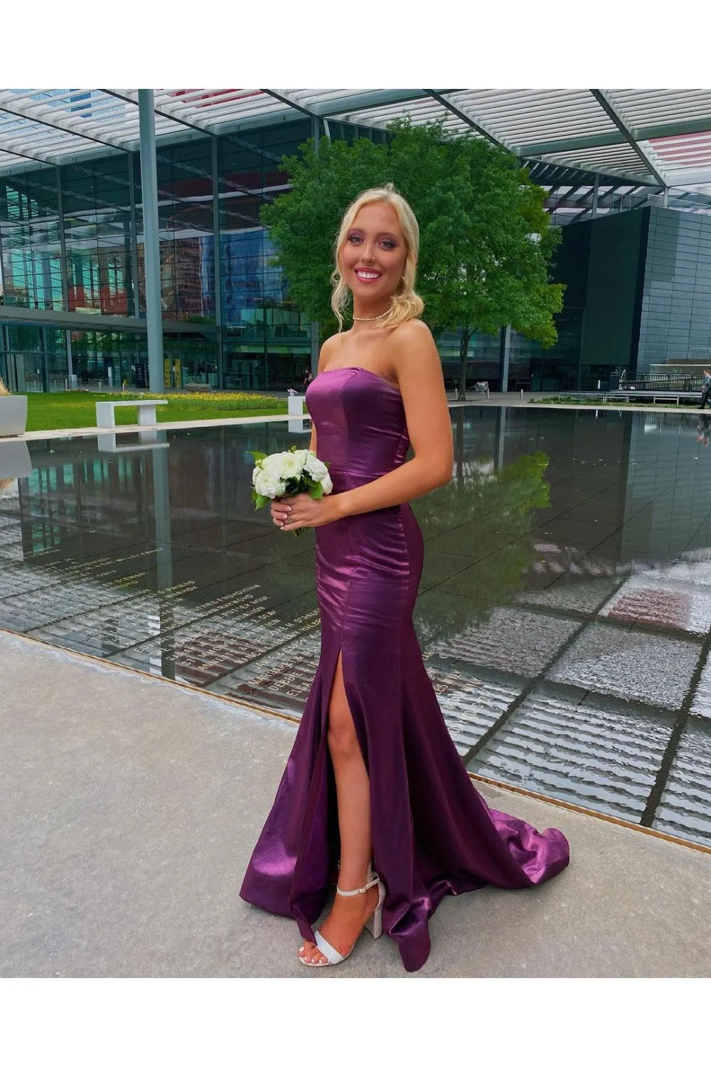 Strapless Mermaid Satin Long Prom Dress With Slit,Mermaid Graduation Dress,Evening Gown