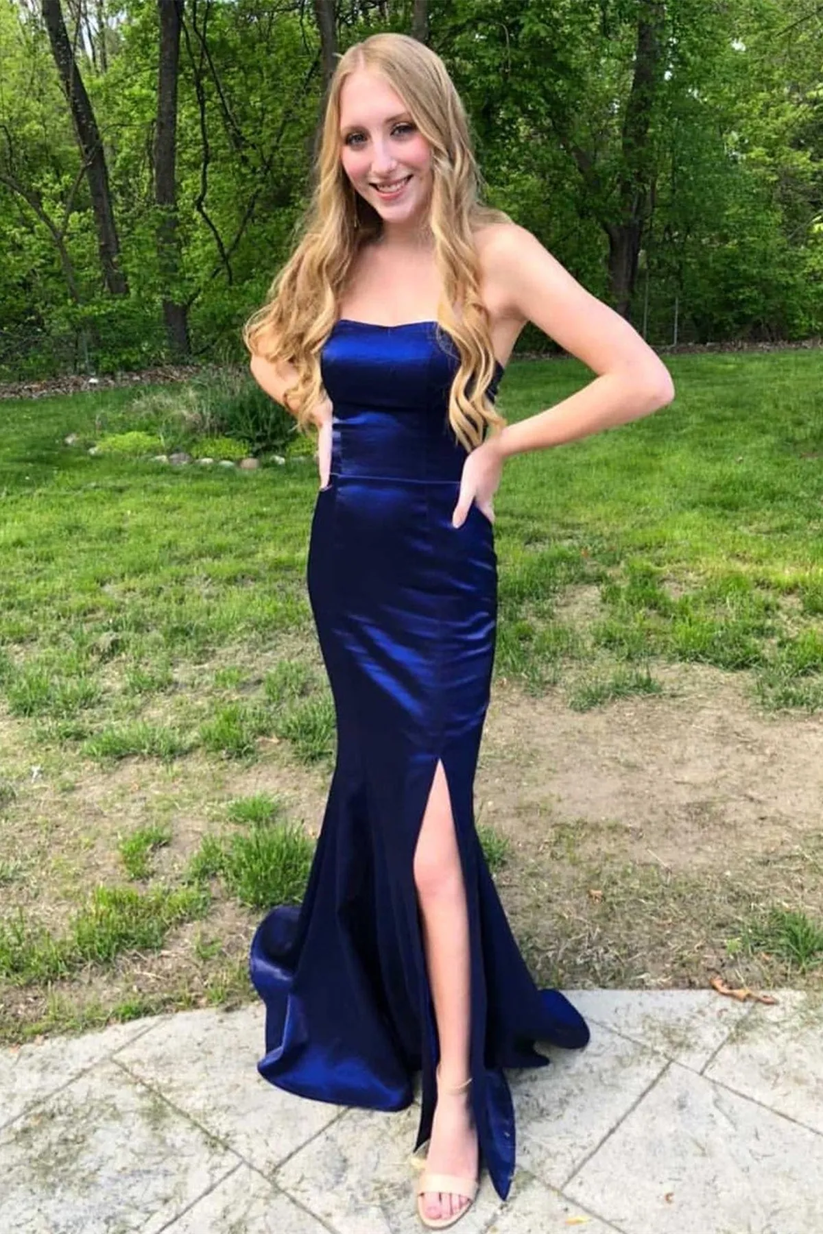 Strapless Mermaid Satin Long Prom Dress With Slit,Mermaid Graduation Dress,Evening Gown