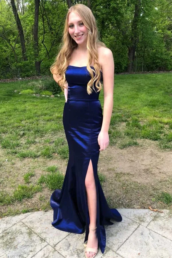 Strapless Mermaid Satin Long Prom Dress With Slit,Mermaid Graduation Dress,Evening Gown