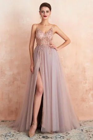 Straps A-Line Beading Rose Split Tulle Prom Dress with Crystal   PSK006