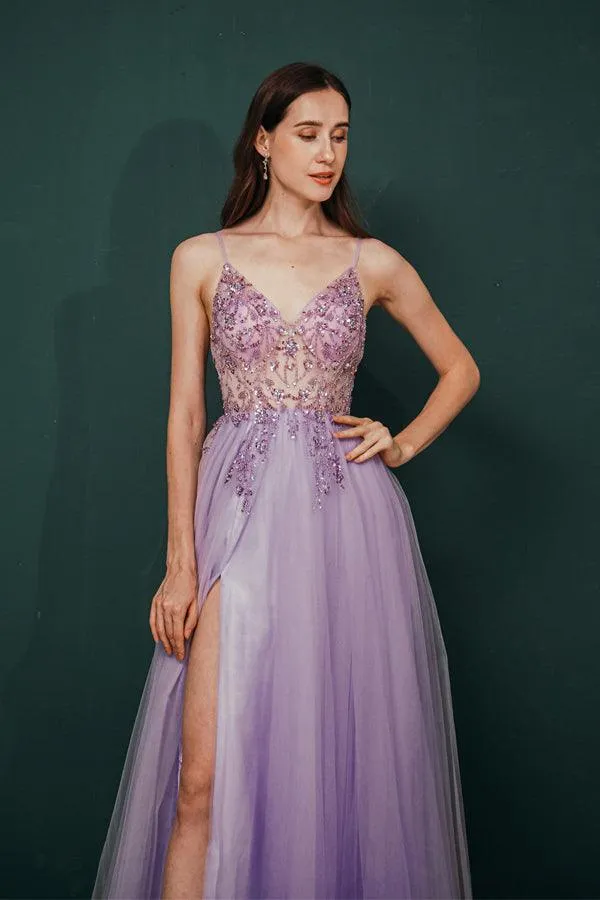 Straps A-Line Beading Rose Split Tulle Prom Dress with Crystal   PSK006