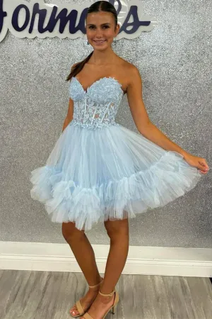 Sweetheart Sheer Corset Ruffle Light Blue Homecoming Dress PD531