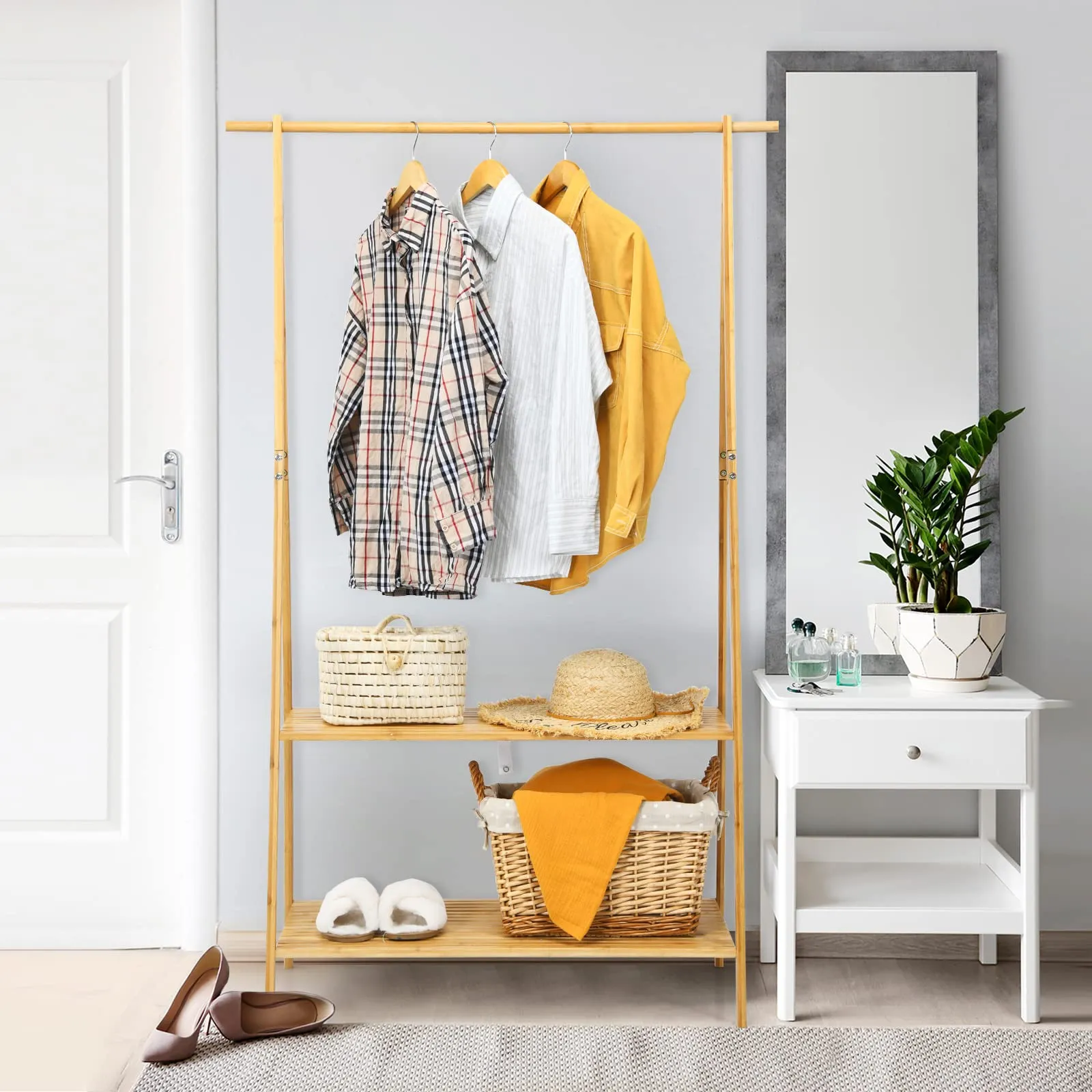 Tangkula Bamboo Garment Rack, Freestanding Clothes Rack with 2-Tier Storage Shelves