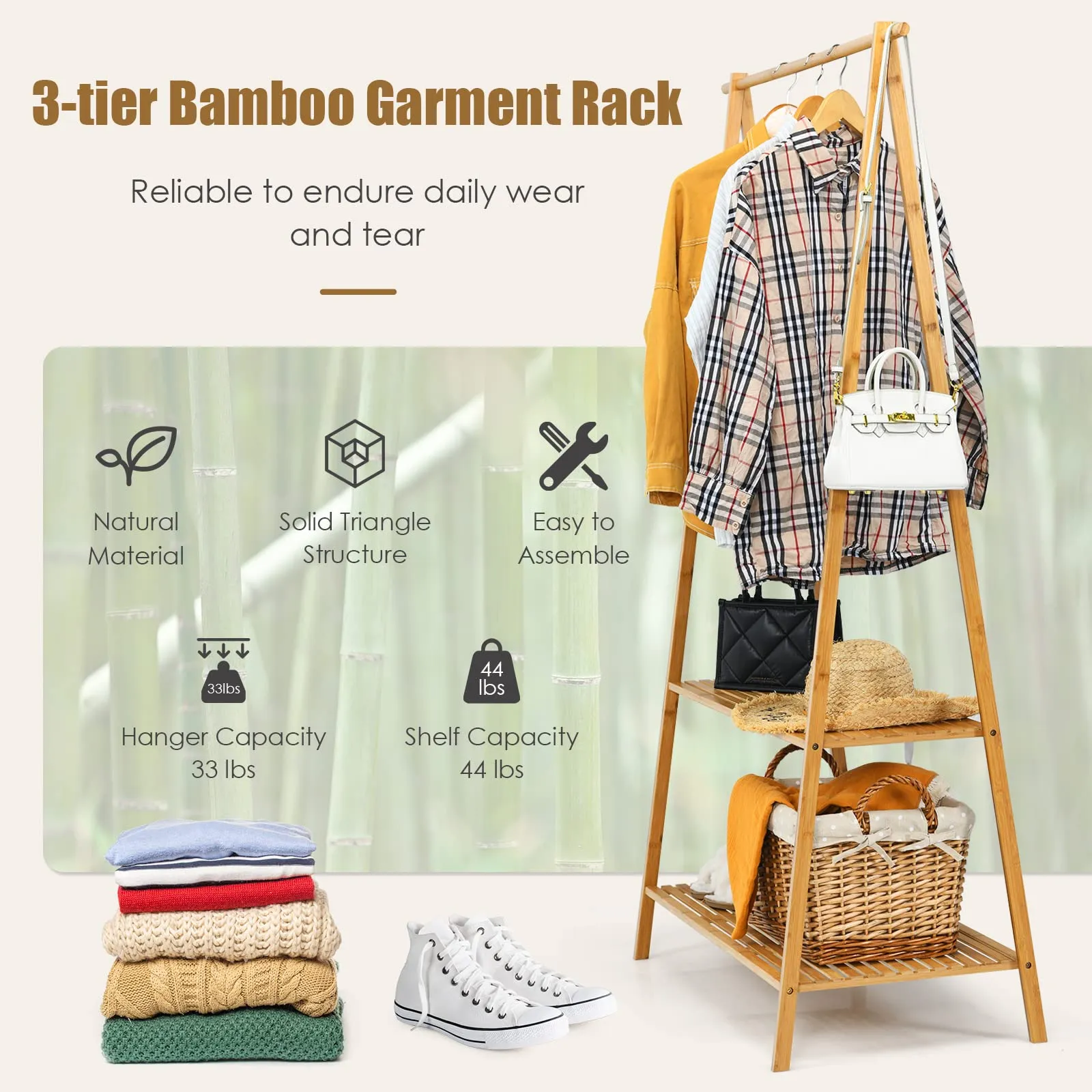 Tangkula Bamboo Garment Rack, Freestanding Clothes Rack with 2-Tier Storage Shelves