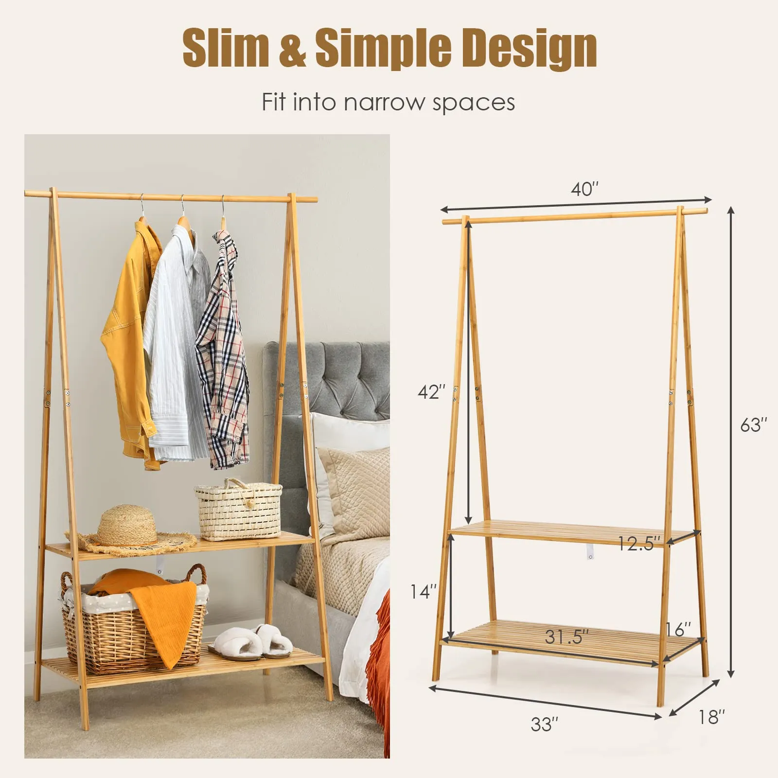 Tangkula Bamboo Garment Rack, Freestanding Clothes Rack with 2-Tier Storage Shelves