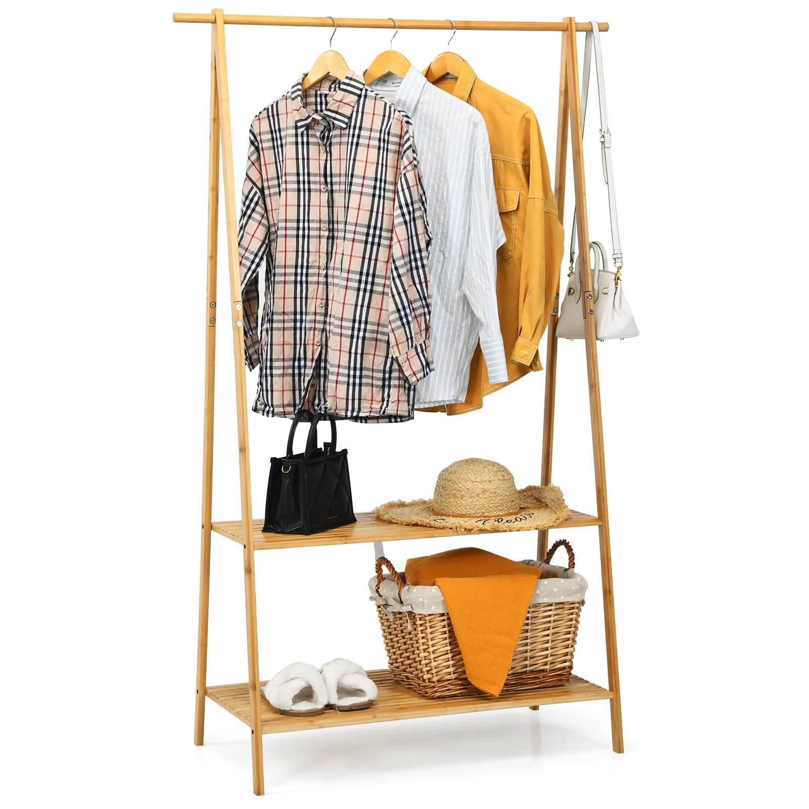 Tangkula Bamboo Garment Rack, Freestanding Clothes Rack with 2-Tier Storage Shelves