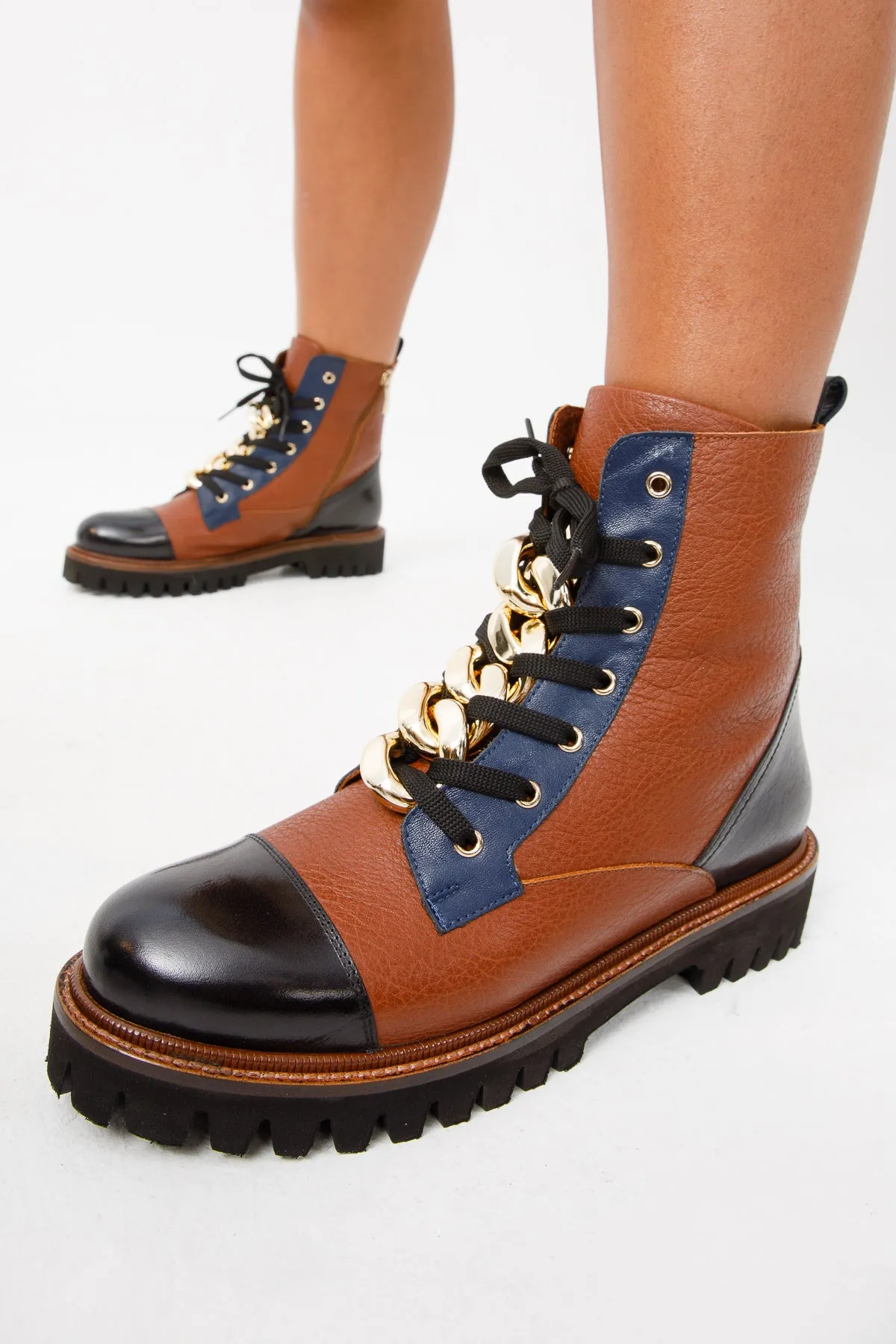 The Belgrad Brown  Leather Lace-Up Ankle Women Boot With a Side Zipper