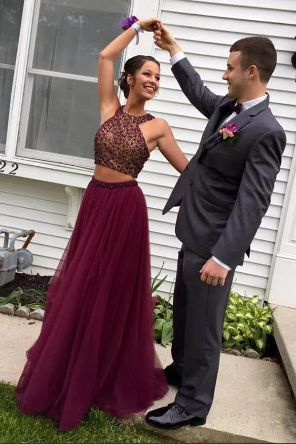 Two Piece Halter Burgundy Tulle Open Back Beading Prom Dresses PG459