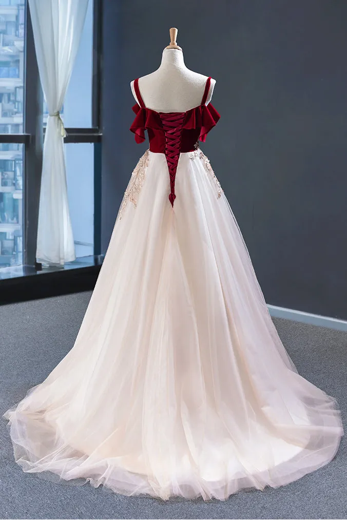 Uniquedresss Vintage Red Straps Tulle Formal Dress, Elegant Applique Prom Dress UQP0016