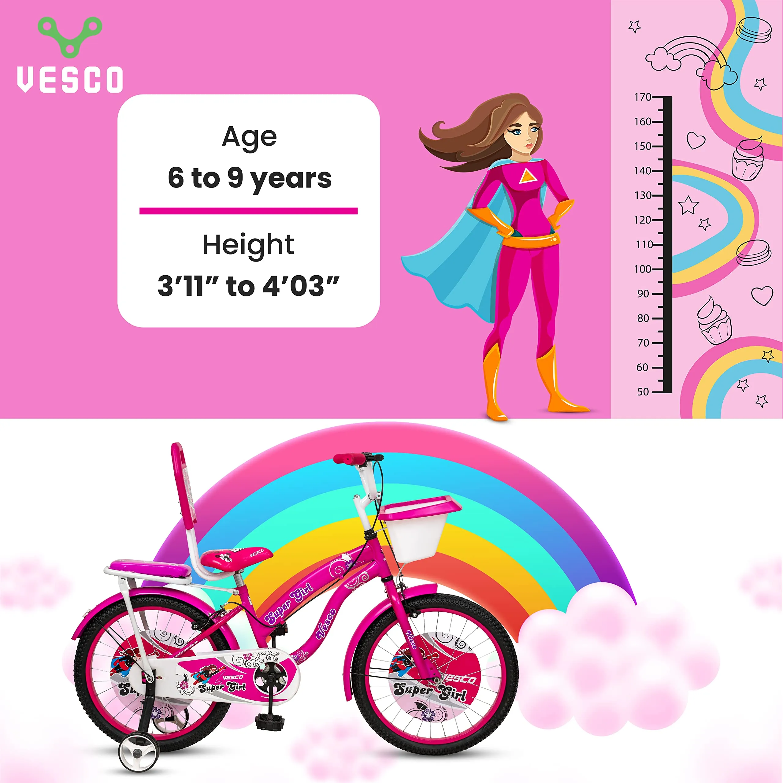 VESCO Super Girl Cycle 20-T Kid's Bikes | Balance Wheel Bicycle Kid Girls | 20" inches | Ideal for 6-9 Years (Pink)