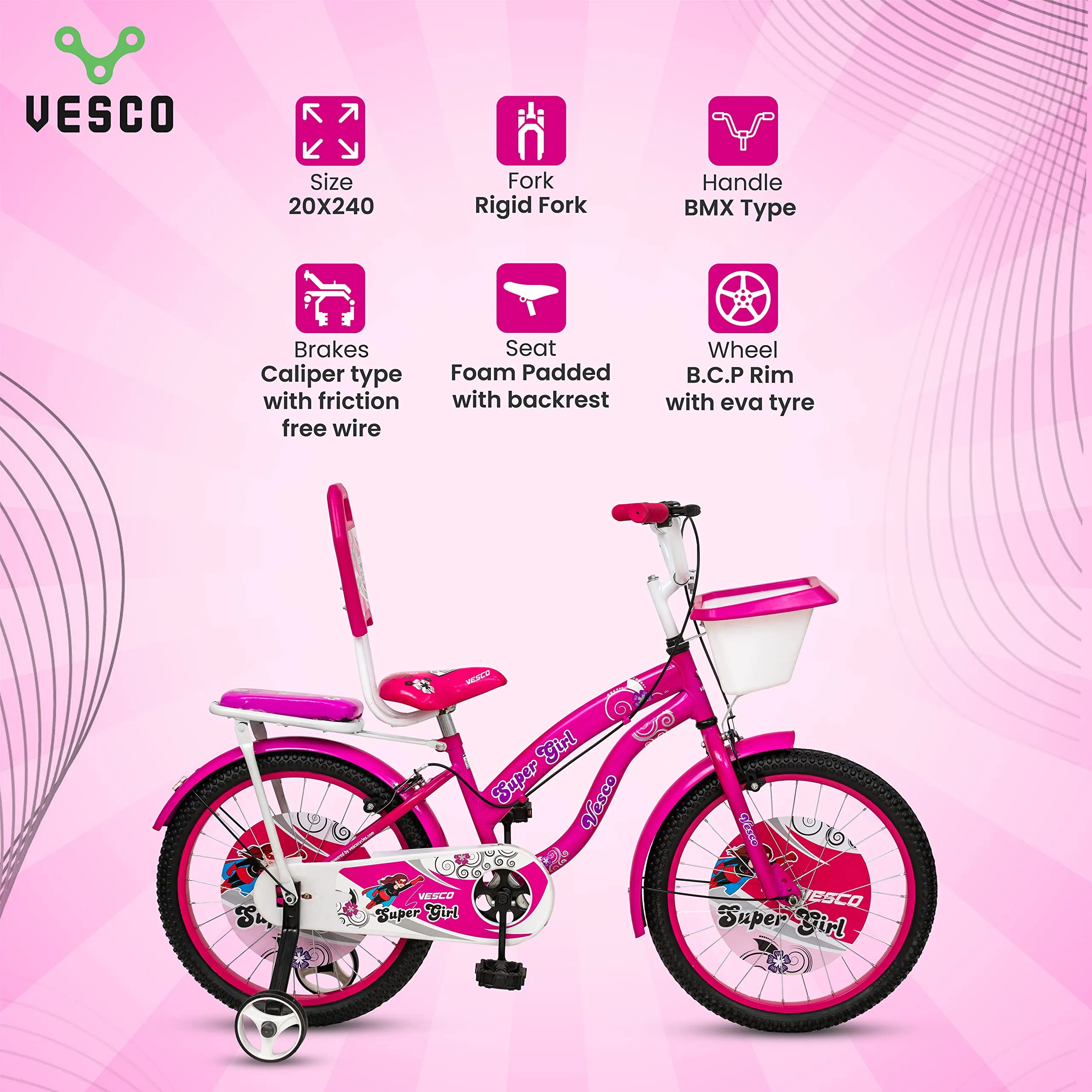 VESCO Super Girl Cycle 20-T Kid's Bikes | Balance Wheel Bicycle Kid Girls | 20" inches | Ideal for 6-9 Years (Pink)