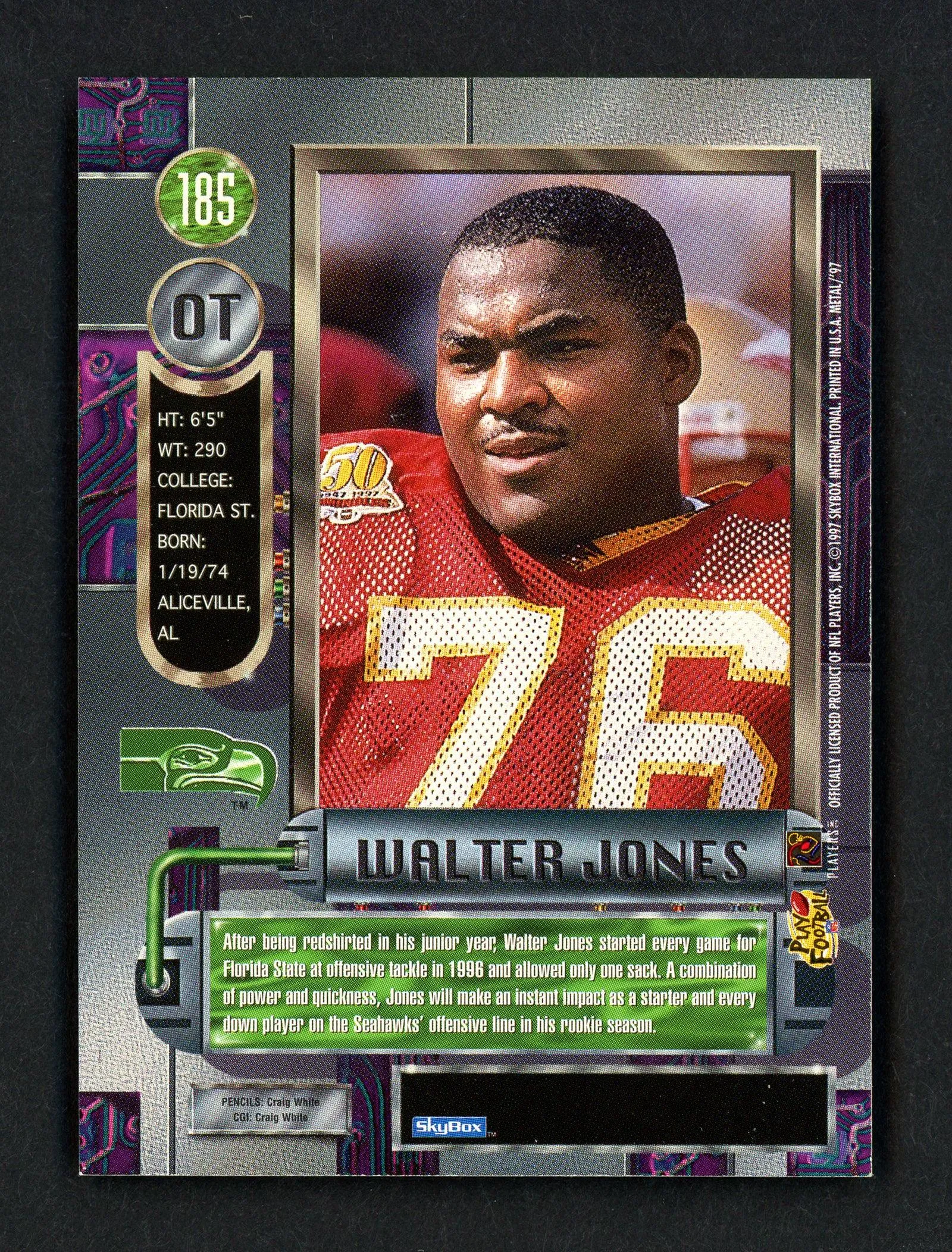 Walter Jones Autographed 1997 Fleer Skybox Metal Rookie Card #185 Seattle Seahawks SKU #158410