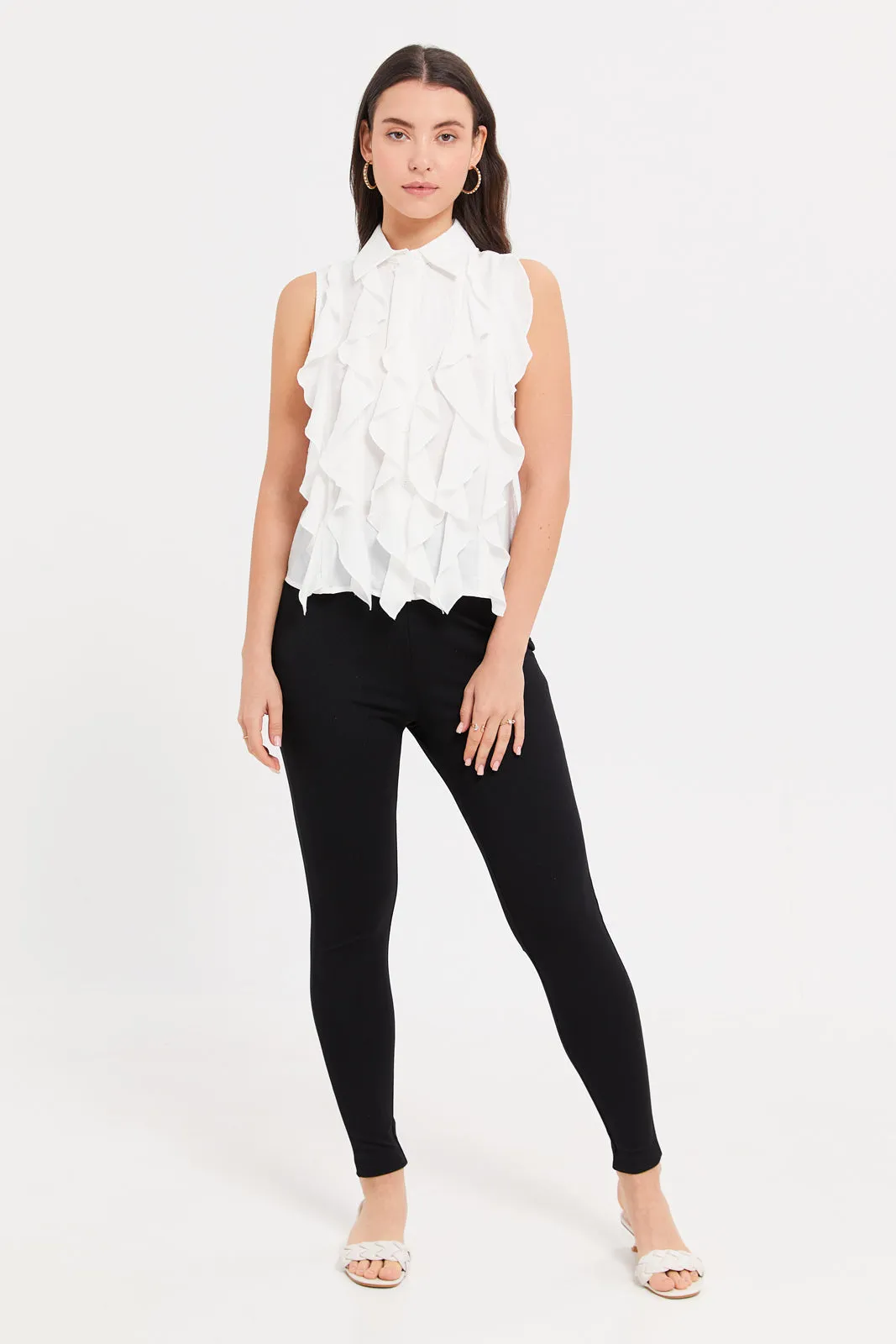 Women White Full Ruffled Front Top