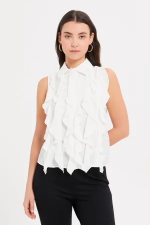 Women White Full Ruffled Front Top