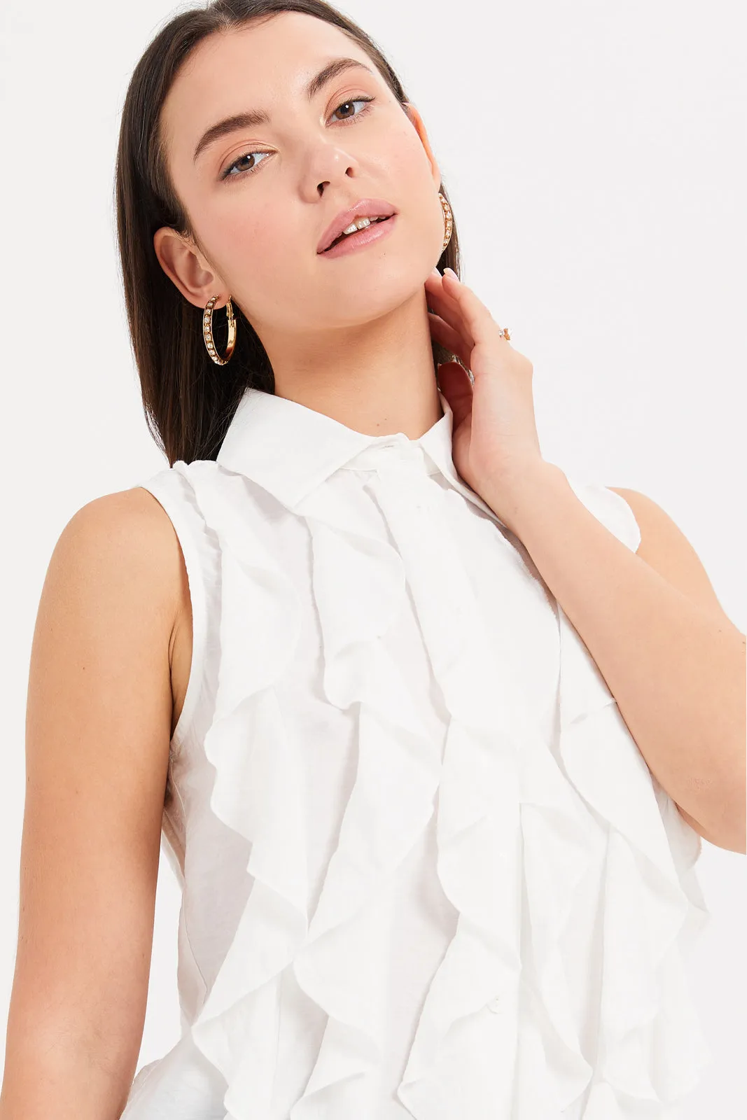 Women White Full Ruffled Front Top