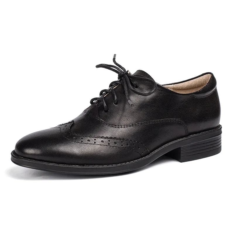 Women Wingtip Shoes Handmade Sheepskin Brogues/Oxfords Low Heel Elegant Coffee/Black (better suited for thin feet)