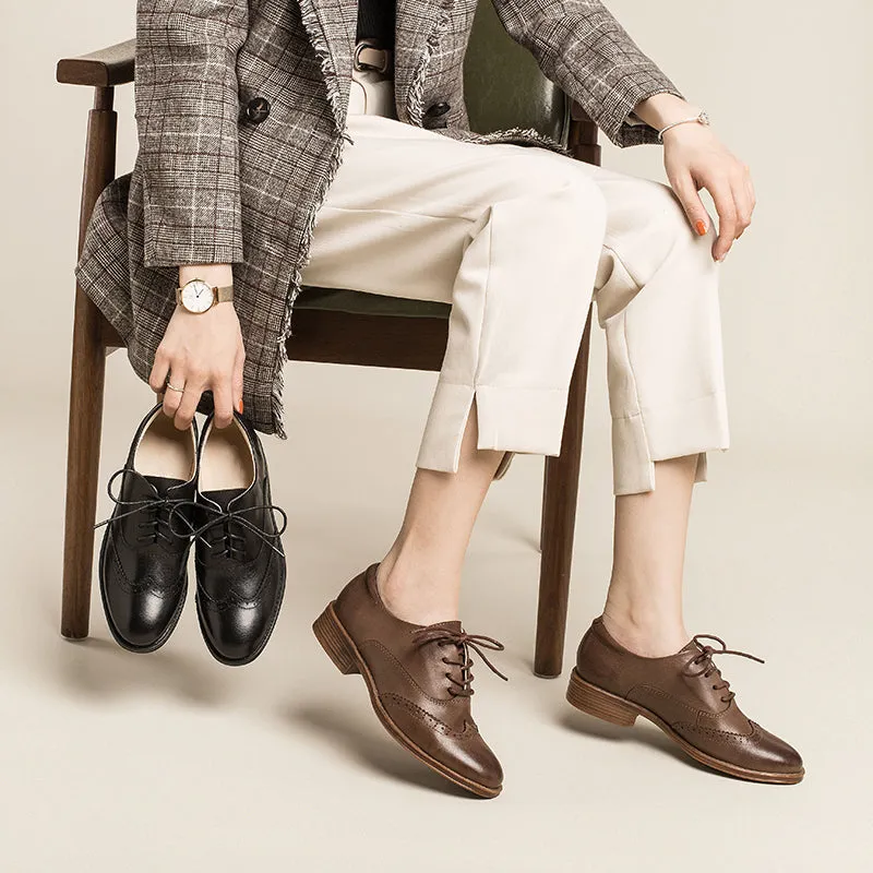 Women Wingtip Shoes Handmade Sheepskin Brogues/Oxfords Low Heel Elegant Coffee/Black (better suited for thin feet)