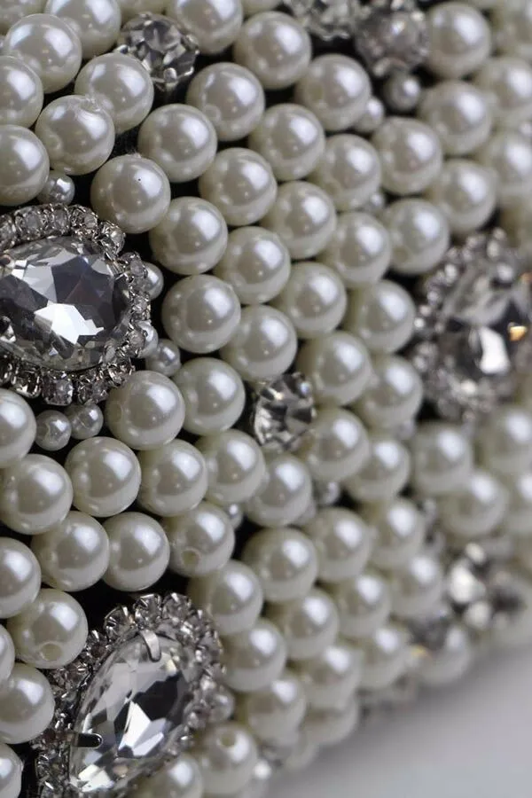 Womens Black Clutch Hand Bag Pearls Diamante Wedding Bridal